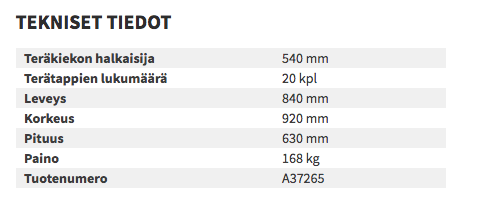 Avant kantojyrsin tekniset tiedot